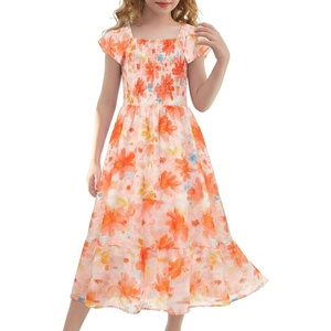 GRACE KARIN Girls Flutter Sleeve Floral Maxi Dress Spring Summer 6-16Y(Orange Floral)