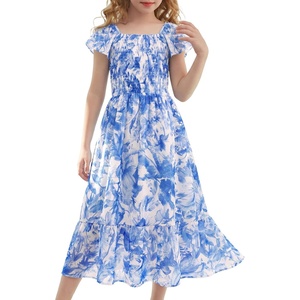 GRACE KARIN Girls Flutter Sleeve Floral Maxi Dress Spring Summer 6-16Y(White Blue Floral)