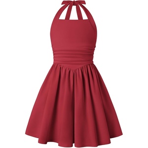 GRACE KARIN Girls Halter Birthday Party Formal Tie Back Dresses with Pocket(Red)