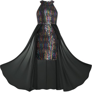 GRACE KARIN Girls Halter Neck Sequin Dress Kids Fancy Formal Party Christmas Sparkly Pageant Birthday Dresses(Black Fantasy Color)