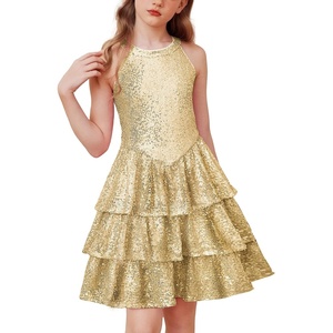GRACE KARIN Girls Halter Neck Sparkly Sequin Party Formal Fancy Dress 6-14(Gold)
