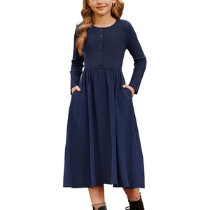 GRACE KARIN Girls Long Sleeve Maxi Dress Modest Fall Winter Casual 7-14Y(Dark Blue)