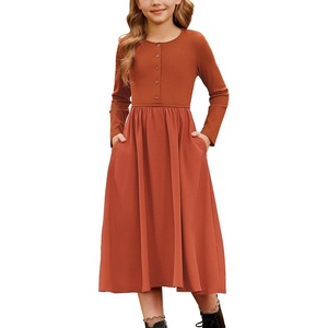 GRACE KARIN Girls Long Sleeve Maxi Dress Modest Fall Winter Casual 7-14Y(Orange)