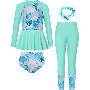 GRACE KARIN Girls Long Sleeve Rash Guard Bathing Swimsuits Swimwear 6-16(Blue-green Leaves)
