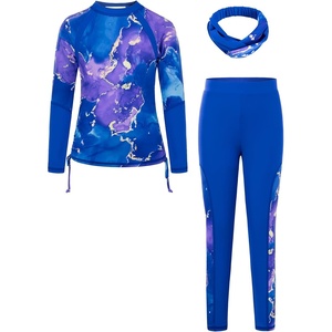 GRACE KARIN Girls Long Sleeve Swimsuit Two Piece Rashguard Floral Swimwear 6-14Y(Blue Purple Marble)