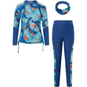 GRACE KARIN Girls Long Sleeve Swimsuit Two Piece Rashguard Floral Swimwear 6-14Y(Blue and Orange Leaf Print)