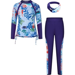 GRACE KARIN Girls Long Sleeve Swimsuit Two Piece Rashguard Floral Swimwear 6-14Y(Colorful Leopard Gradient Blue Coral)