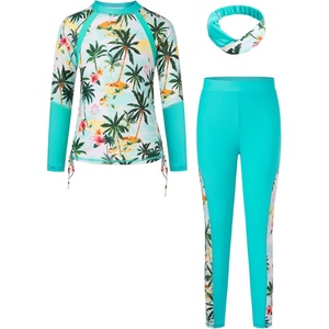 GRACE KARIN Girls Long Sleeve Swimsuit Two Piece Rashguard Floral Swimwear 6-14Y(Colorful Leopard Gradient Green Coconut Tree)
