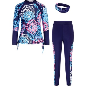 GRACE KARIN Girls Long Sleeve Swimsuit Two Piece Rashguard Floral Swimwear 6-14Y(Navy)