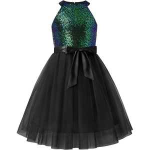 GRACE KARIN Girls Sequin Tulle Halter Dress Party Formal Gown(Green Black)