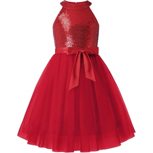 GRACE KARIN Girls Sequin Tulle Halter Dress Party Formal Gown(Red)