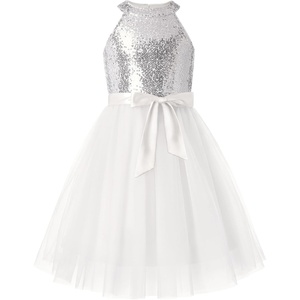 GRACE KARIN Girls Sequin Tulle Halter Dress Party Formal Gown(White Silver)