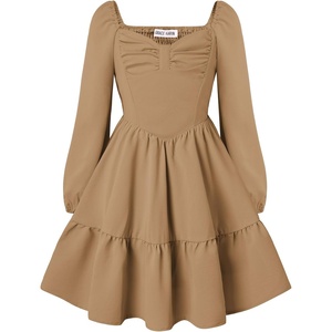GRACE KARIN Girls Shirred Long Sleeve Fall Winter Party Holiday Cute Dress(Dark Camel)