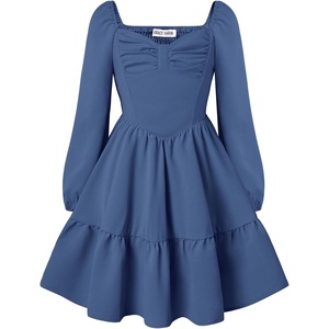 GRACE KARIN Girls Shirred Long Sleeve Fall Winter Party Holiday Cute Dress(Gray Blue)