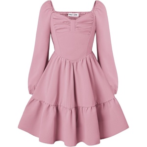 GRACE KARIN Girls Shirred Long Sleeve Fall Winter Party Holiday Cute Dress(Gray Pink)
