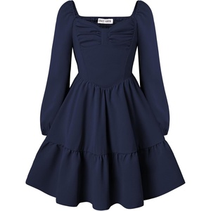 GRACE KARIN Girls Shirred Long Sleeve Fall Winter Party Holiday Cute Dress(Navy Blue)