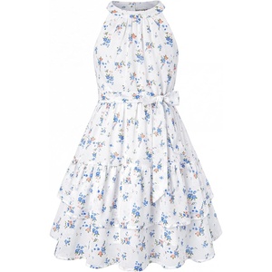 GRACE KARIN Girls Summer Beach Dress Floral Halter Hawaiian Party Vacation(Blue Orange Floral Print)