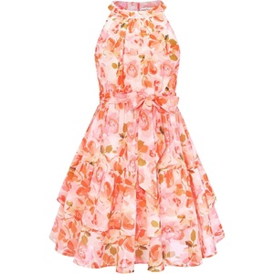 GRACE KARIN Girls Summer Beach Dress Floral Halter Hawaiian Party Vacation(Bright Orange Floral)