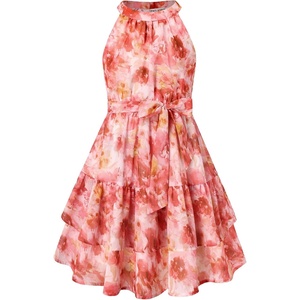 GRACE KARIN Girls Summer Beach Dress Floral Halter Hawaiian Party Vacation(Burnt Orange Floral)