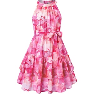 GRACE KARIN Girls Summer Beach Dress Floral Halter Hawaiian Party Vacation(Fuchsia Bloom)