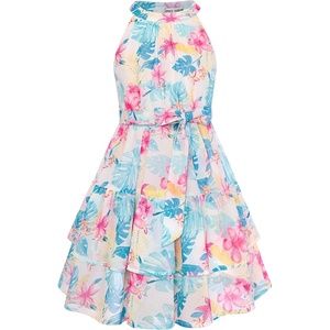 GRACE KARIN Girls Summer Beach Dress Floral Halter Hawaiian Party Vacation(Leaf Green Pink Floral)