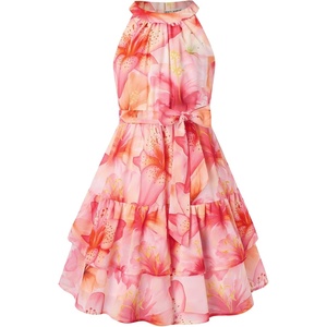 GRACE KARIN Girls Summer Beach Dress Floral Halter Hawaiian Party Vacation(Orange-toned Grand Floral)