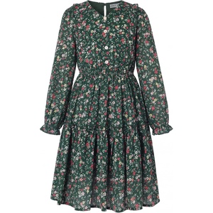 GRACE KARIN Girls V-Neck Floral Dresses 6-14Y Kids Long Sleeve Casual Fall Winter Christmas Holiday Hawaiian Flower Dress(Dark Green Floral)