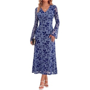 GRACE KARIN Women’s Floral Long Sleeve Maxi Dresses Wedding Guest Dress(Gray Blue)