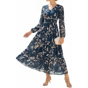 GRACE KARIN Women’s Floral Maxi Dress Long Sleeve Wedding Guest Dresses(Dark Blue Green With Rice Leaves)