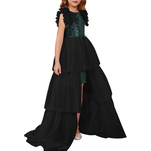 Sparkle,Fancyy,Gliter,Formal,Party,Christmas,Father and Daughter Dance,Prom,Tulle,Ruffle Sleeve,Detachable Mesh,Homecoming(Black Green)