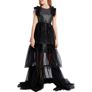 Sparkle,Fancyy,Gliter,Formal,Party,Christmas,Father and Daughter Dance,Prom,Tulle,Ruffle Sleeve,Detachable Mesh,Homecoming(Black Multicolor)