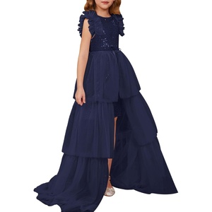 Sparkle,Fancyy,Gliter,Formal,Party,Christmas,Father and Daughter Dance,Prom,Tulle,Ruffle Sleeve,Detachable Mesh,Homecoming(Dark Blue)