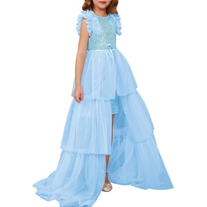 Sparkle,Fancyy,Gliter,Formal,Party,Christmas,Father and Daughter Dance,Prom,Tulle,Ruffle Sleeve,Detachable Mesh,Homecoming(Light Blue)