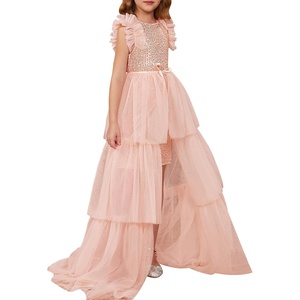 Sparkle,Fancyy,Gliter,Formal,Party,Christmas,Father and Daughter Dance,Prom,Tulle,Ruffle Sleeve,Detachable Mesh,Homecoming(Light Pink)
