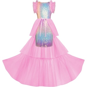 Sparkle,Fancyy,Gliter,Formal,Party,Christmas,Father and Daughter Dance,Prom,Tulle,Ruffle Sleeve,Detachable Mesh,Homecoming(Rainbow Multicolor)