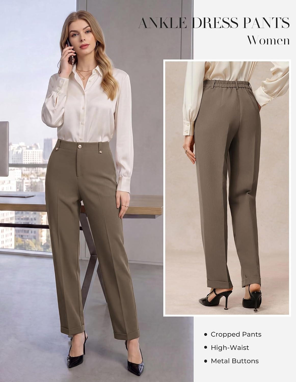 image:imageGRACE KARIN Ankle Dress Pants Women Business Casual Slacks Office Work WearBrown