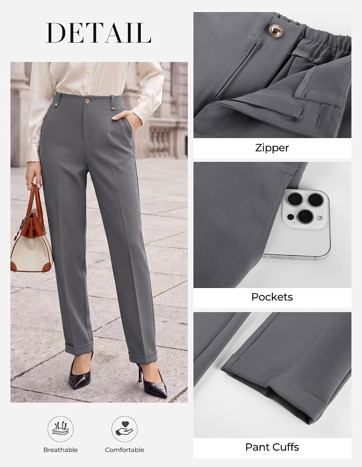 image:imageGRACE KARIN Ankle Dress Pants Women Business Casual Slacks Office Work WearGrey