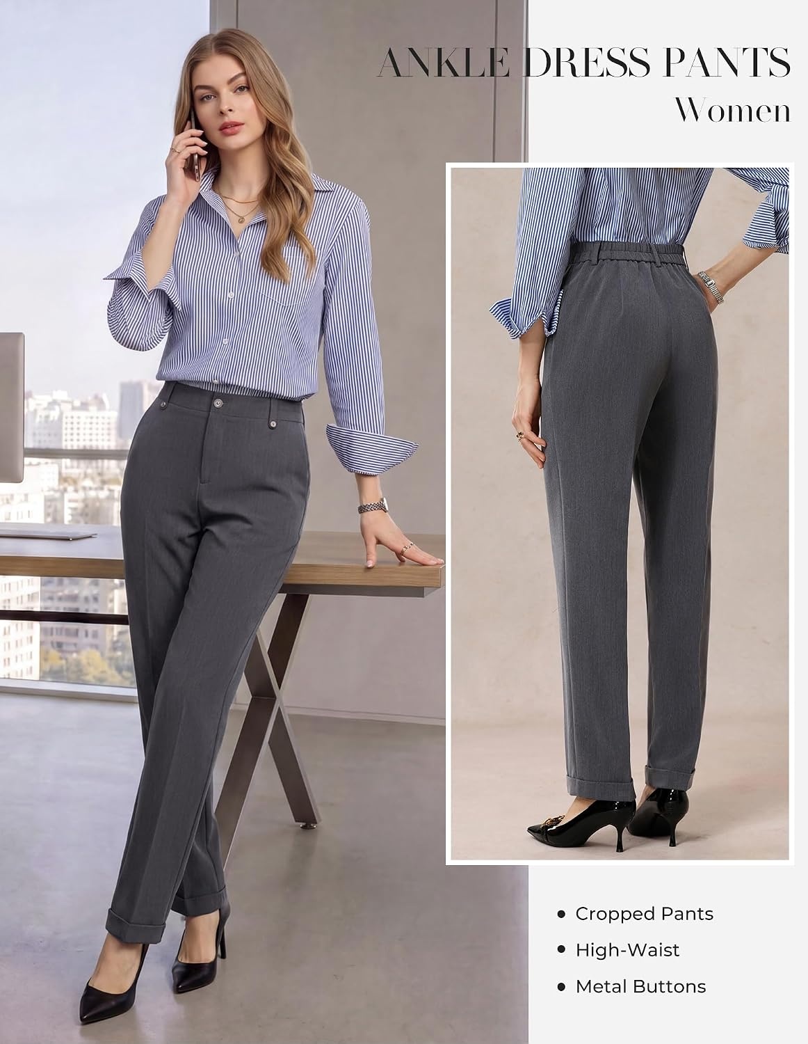 image:imageGRACE KARIN Ankle Dress Pants Women Business Casual Slacks Office Work WearHeather Grey