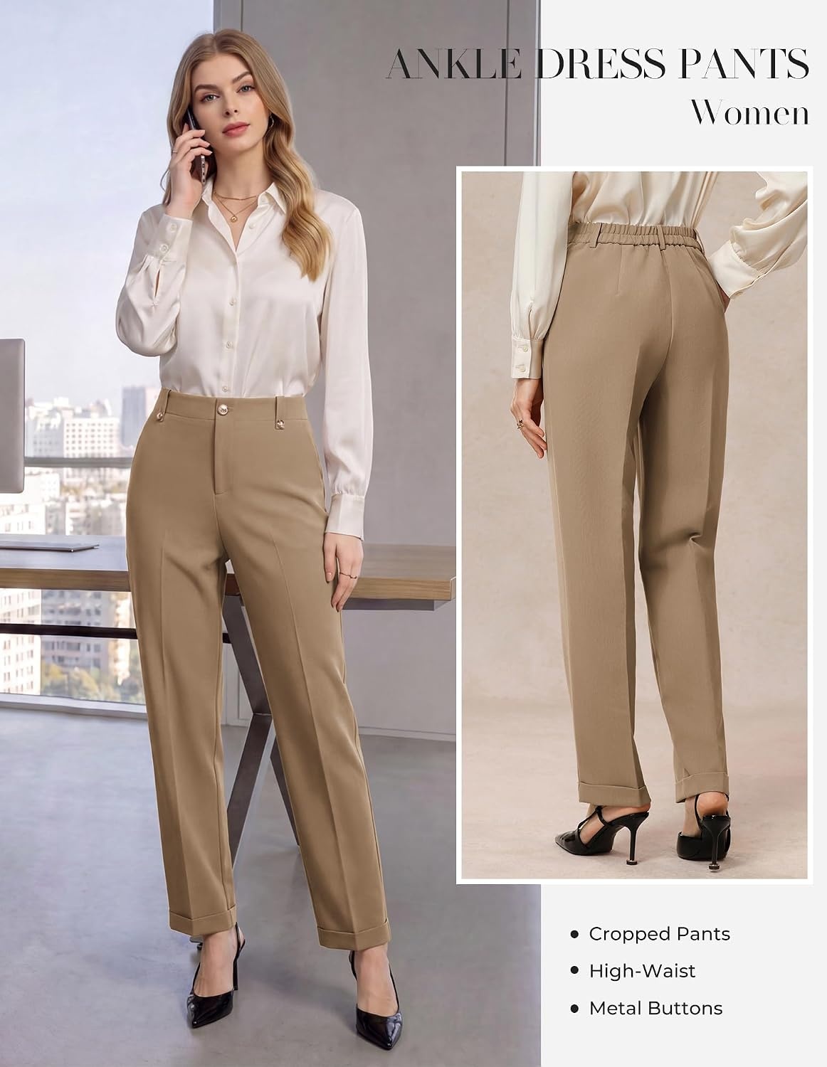 image:imageGRACE KARIN Ankle Dress Pants Women Business Casual Slacks Office Work WearKhaki