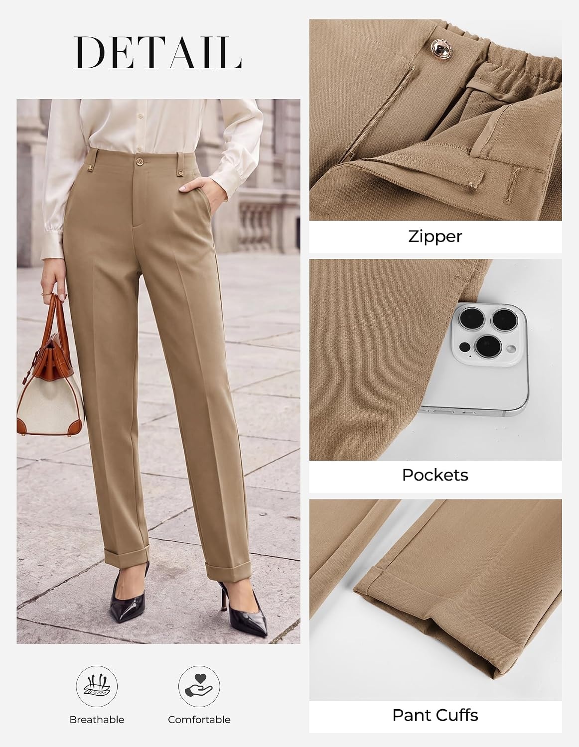 image:imageGRACE KARIN Ankle Dress Pants Women Business Casual Slacks Office Work WearKhaki