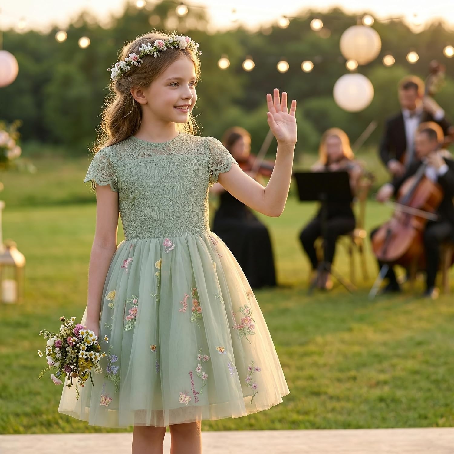 image:imageGRACE KARIN Flower Girl Dress Big Bow Kids Lace Tulle Princess Wedding GownBean Green