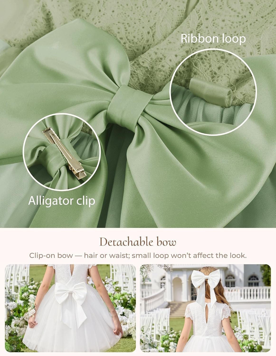image:imageGRACE KARIN Flower Girl Dress Big Bow Kids Lace Tulle Princess Wedding GownBean Green