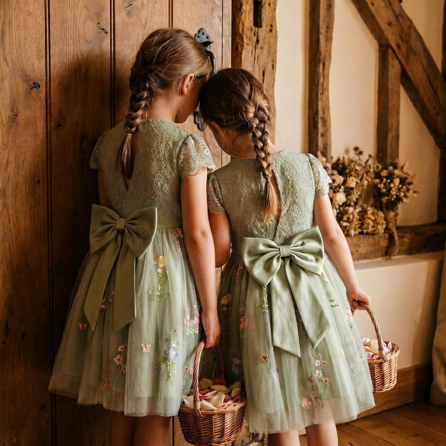 image:imageGRACE KARIN Flower Girl Dress Big Bow Kids Lace Tulle Princess Wedding GownBean Green