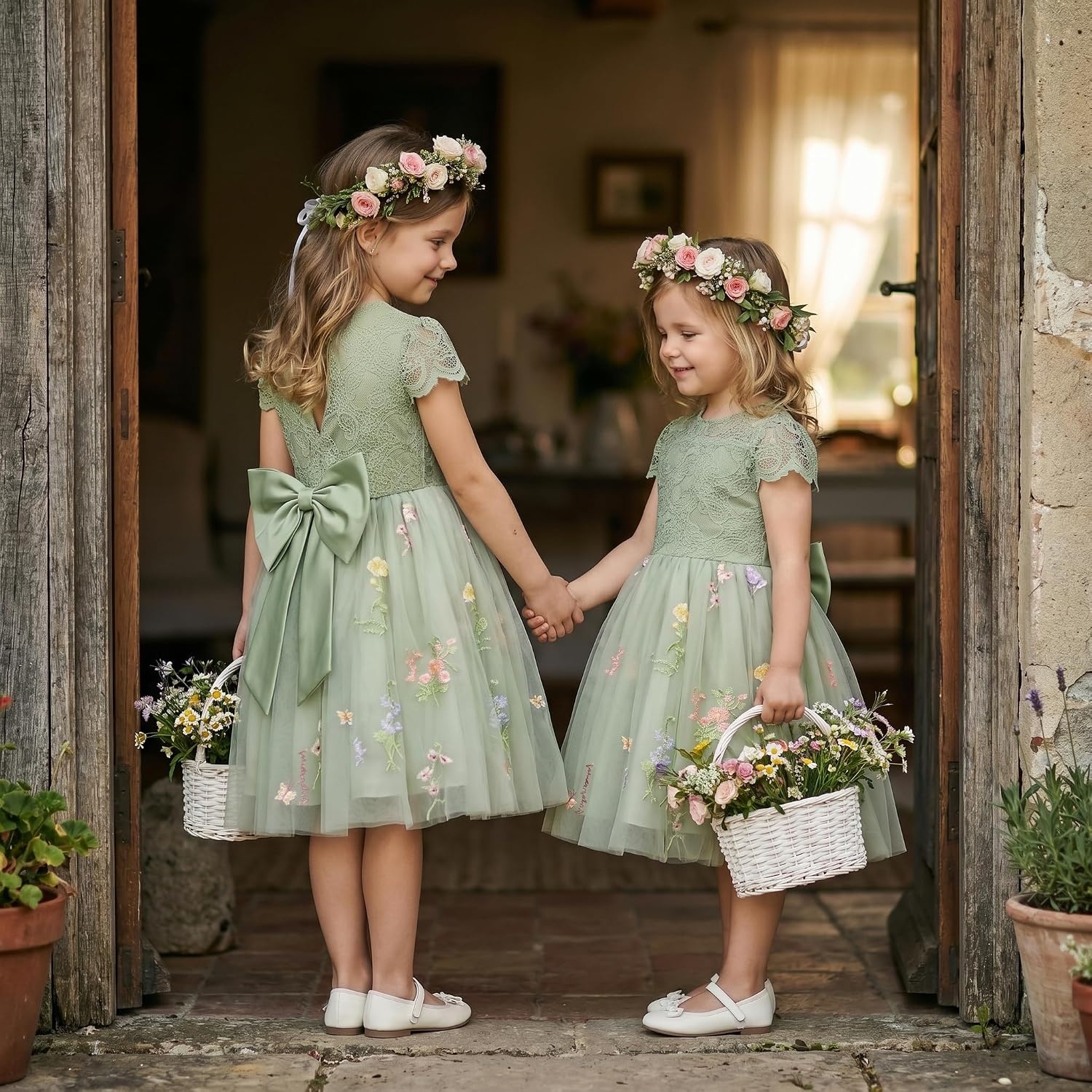 image:imageGRACE KARIN Flower Girl Dress Big Bow Kids Lace Tulle Princess Wedding GownBean Green