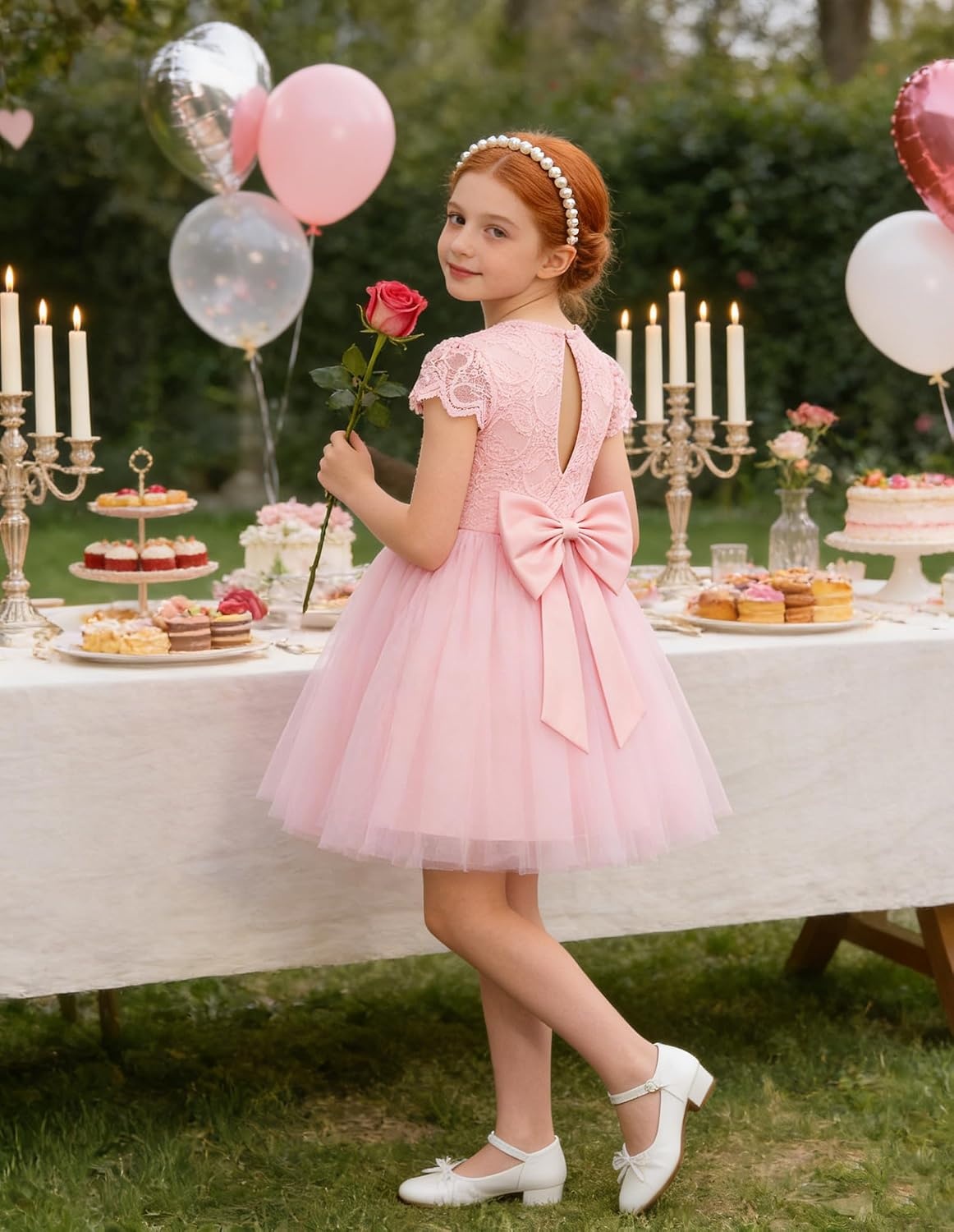 image:imageGRACE KARIN Flower Girl Dress Big Bow Kids Lace Tulle Princess Wedding GownBlush Pink