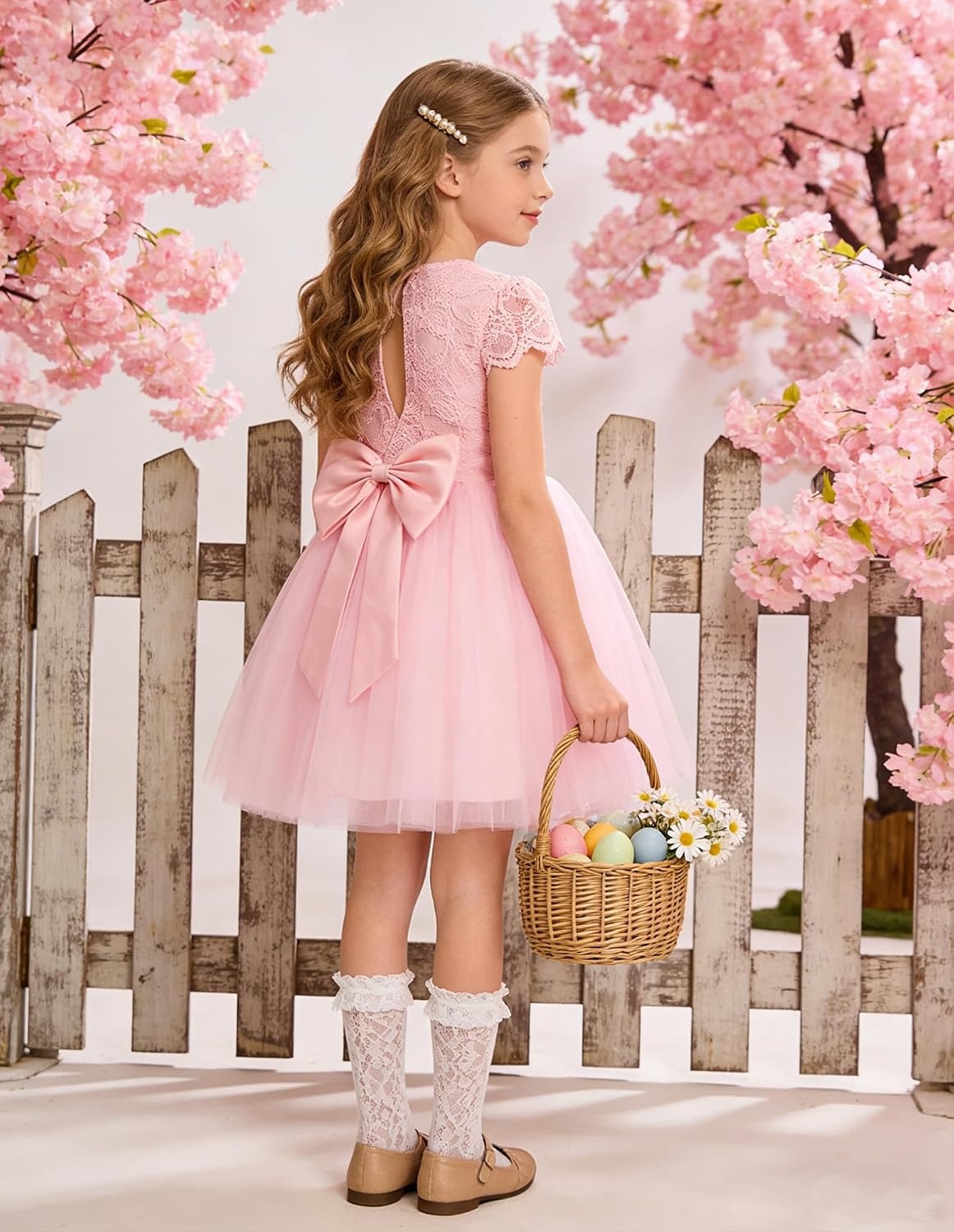 image:imageGRACE KARIN Flower Girl Dress Big Bow Kids Lace Tulle Princess Wedding GownBlush Pink