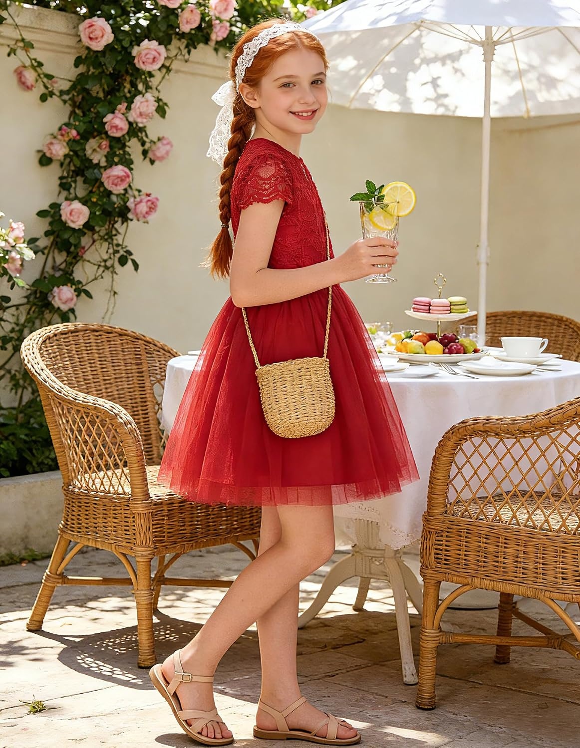 image:imageGRACE KARIN Flower Girl Dress Big Bow Kids Lace Tulle Princess Wedding GownClassic Crimson