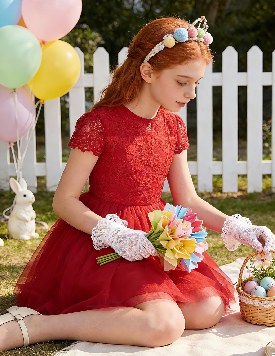image:imageGRACE KARIN Flower Girl Dress Big Bow Kids Lace Tulle Princess Wedding GownClassic Crimson