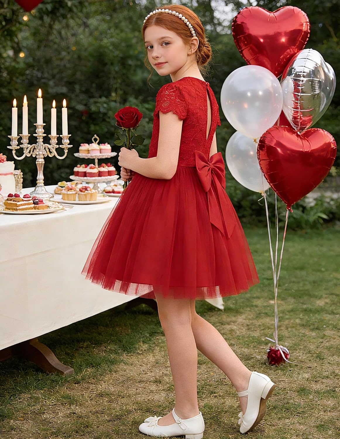 image:imageGRACE KARIN Flower Girl Dress Big Bow Kids Lace Tulle Princess Wedding GownClassic Crimson