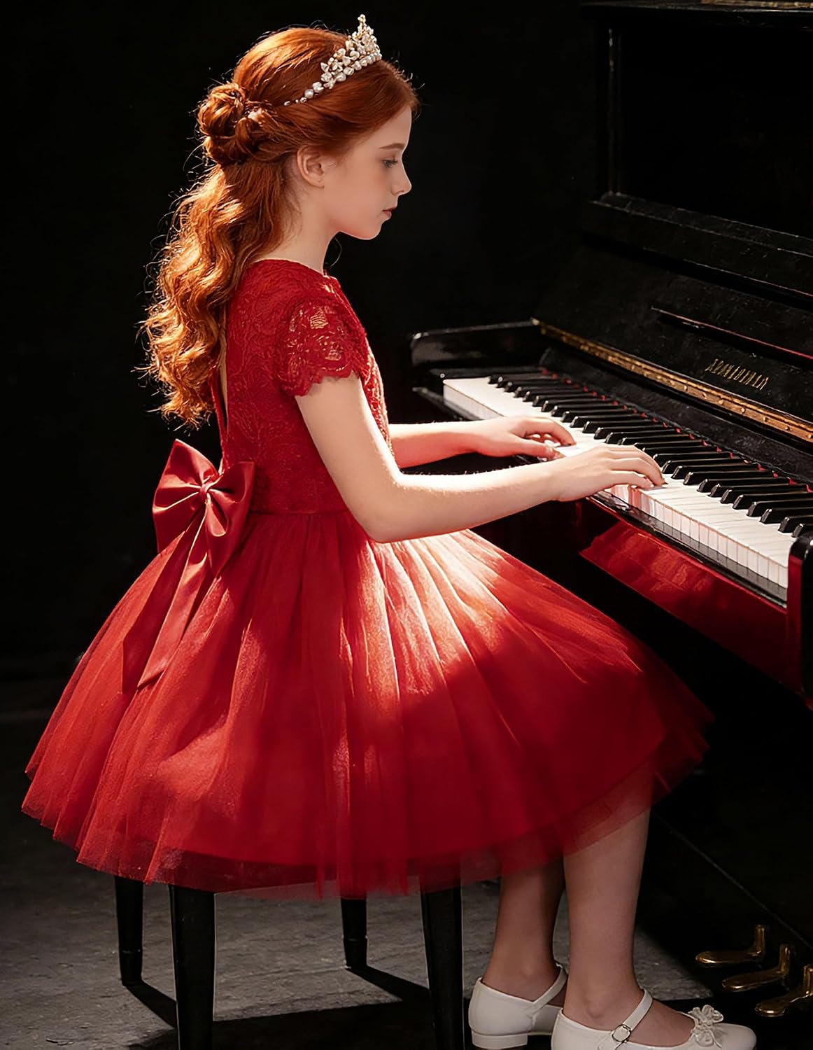 image:imageGRACE KARIN Flower Girl Dress Big Bow Kids Lace Tulle Princess Wedding GownClassic Crimson